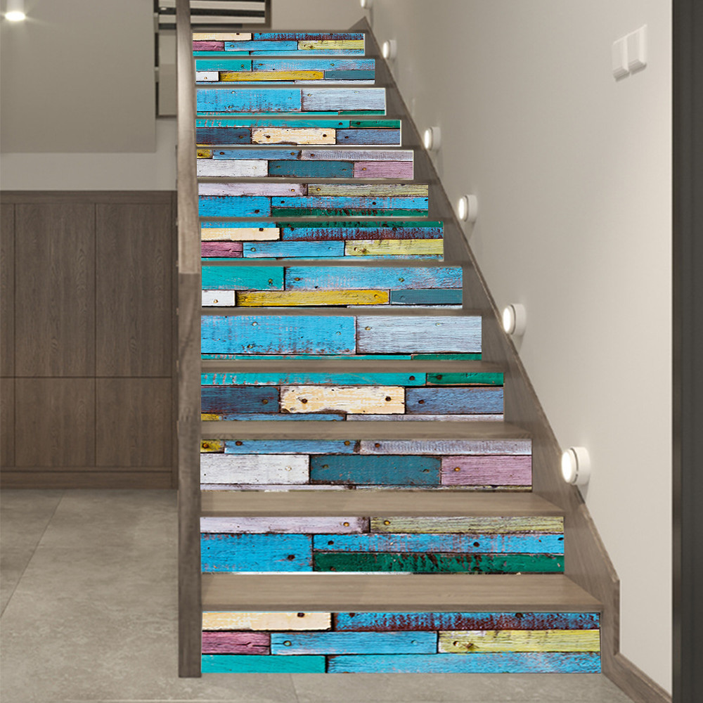 Stair Stickers WALL Home Rustic Colorful Patchwork Wooden Printed Stairs Self Adhesive Decoration Wall Sticker 39.37"x7.09"