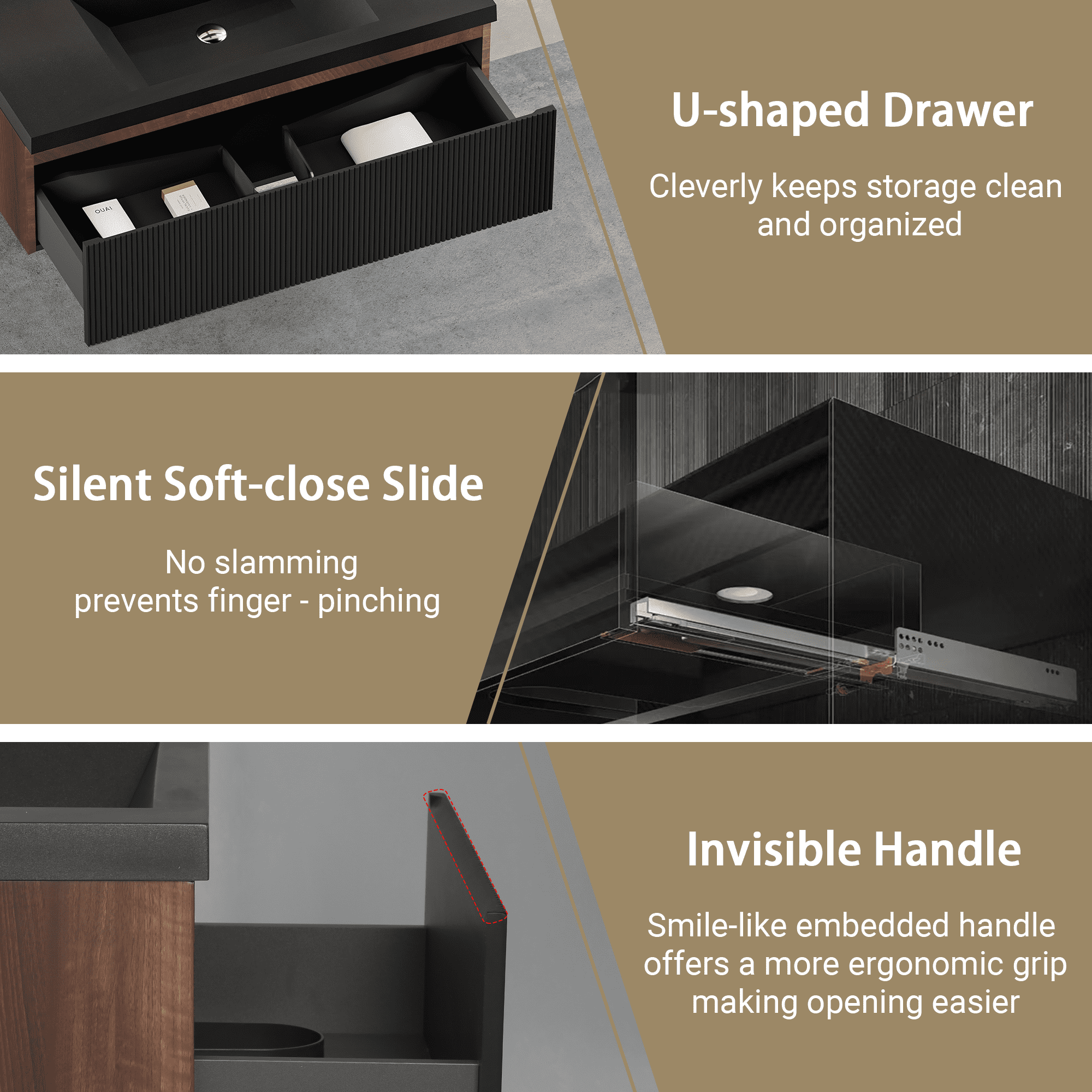 Yoneston 42" Floating Bathroom Vanity, Modern Wood Wall-Mounted Striped Bathroom Storage Cabinet with Soft Close Drawer and Glossy White Solid Surface Basin, Black