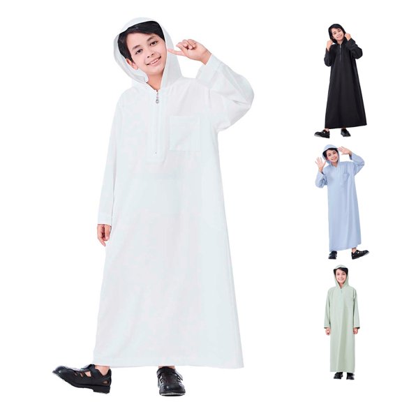 FYDUU Boys Arabic Thobe Long Sleeve Kaftan Robe with Zipper Hooded Thobe Kids Ethnic Style Dress Long Robe Solid Color Children's Wear 7-8 Years