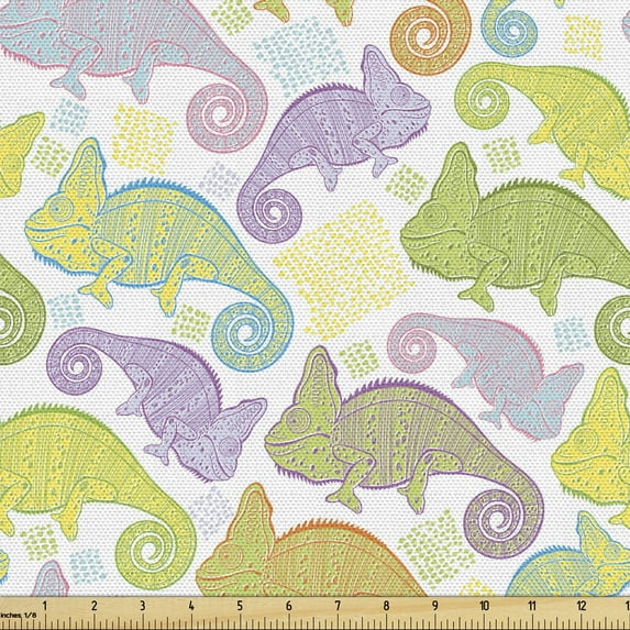 Animal Fabric by the Yard, Cartoon Drawing of Chameleons Lizard Family, Decorative Upholstery Fabric for Chairs & Home Accents, Multicolor by Ambesonne