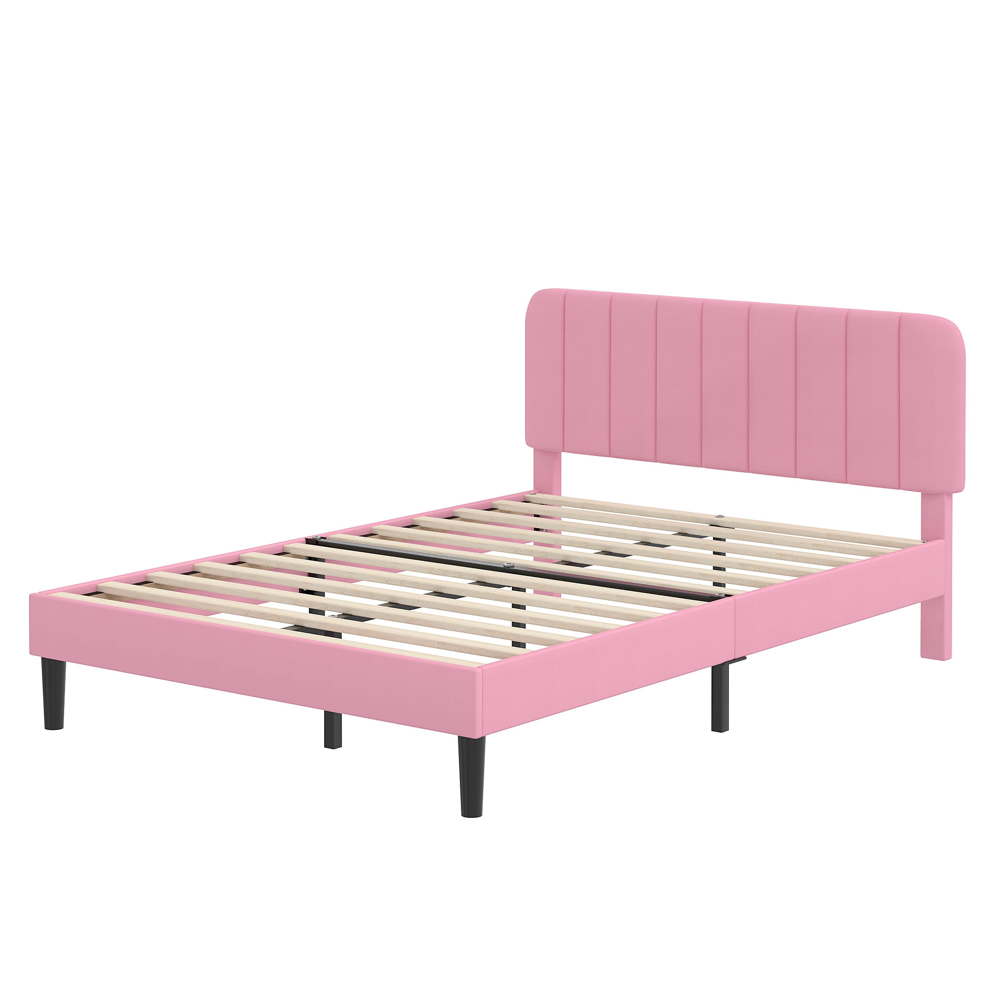 Taomika, Queen Size Upholstered Platform Bed Frame with Adjustable Headboard-Pink