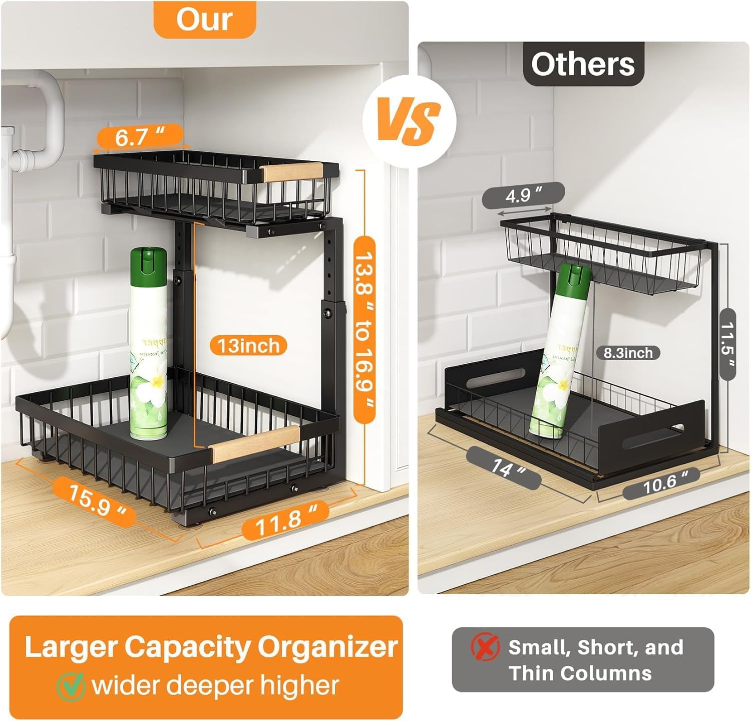 Under Sink Organizer, Adjustable Height, 2 Tier Pull Out Under Cabinet Organizer, Slide Out Thickened Metal Under Sink Storage for Kitchen Bathroom Laundry Pantry Cabinet