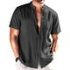 thumbnail image 1 of Blusa de Manga Corta Arrugada Botones Sólidos, Casual Stand-Up Cuello de los Hombres Camiseta, Poliéster Spandex Moda Superior, 1 of 7