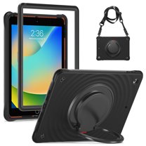 Rugged Kid Proof Case for iPad 9th/8th/7th Generation, Heavy Duty Protection Shockproof 360° Swivel Ring Stand Handle Case Cover with Shoulder Strap for iPad 10.2 2021/2020/2019, Black