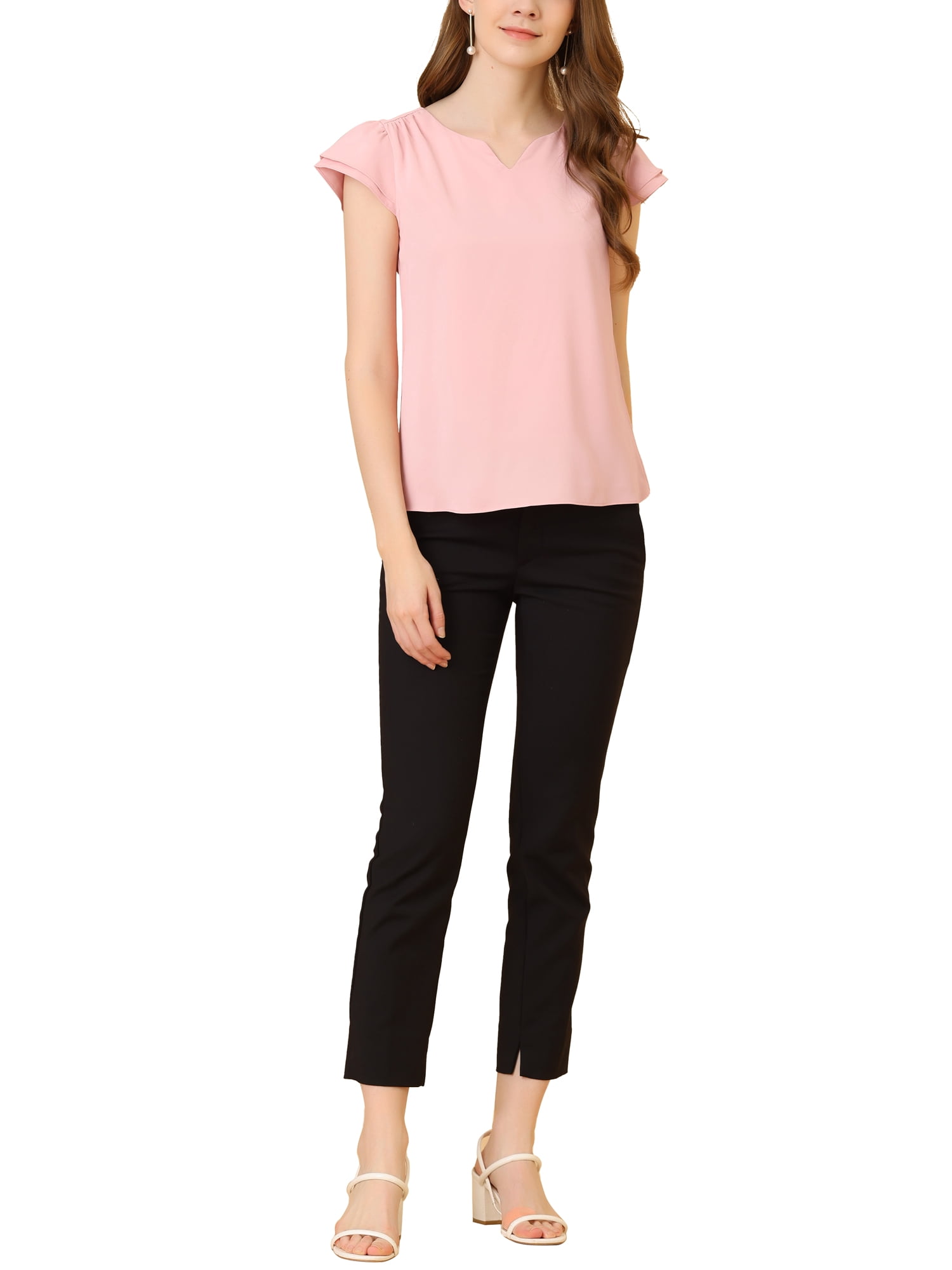 DARING DIVA Women's V Neck Casual Solid Cap Blouse Top L Light Pink