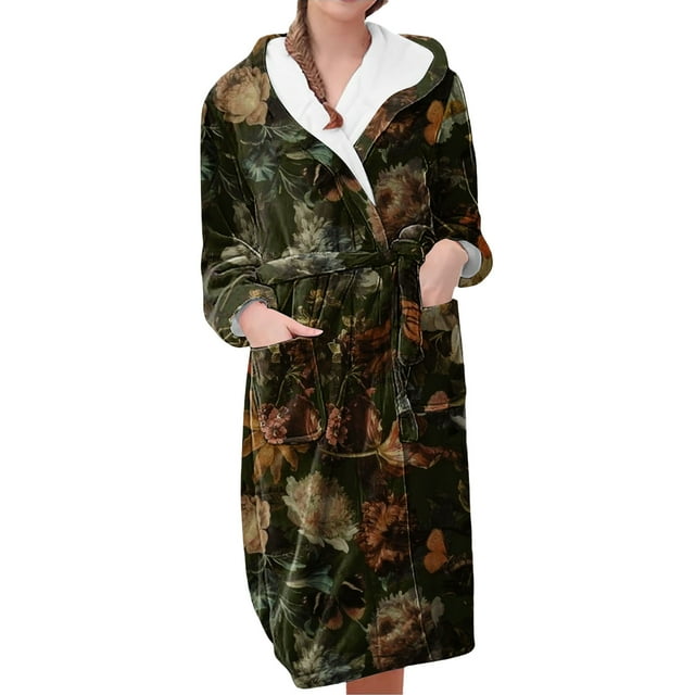 Women's Fleece Plush Robe Long Warm Plush Bathrobe Loungewear Jacket Printed Comfort Robe
