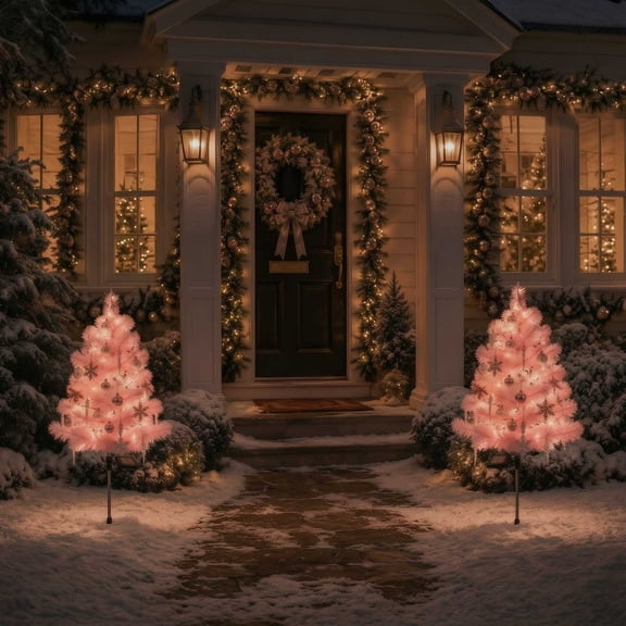 Solar Christmas Tree Stake Lights, 2-Pack Pink LED Outdoor Pathway Decor for Garden and Lawn, 31.5 Inch Waterproof Holiday Yard Decoration for Christmas and Landscapes