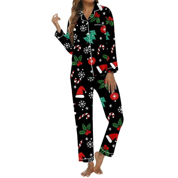 Womens Pajama Set Trendy V Neck Button Christmas Print Long Sleeve Flannel with Long Pants Set Women Pjs Sets
