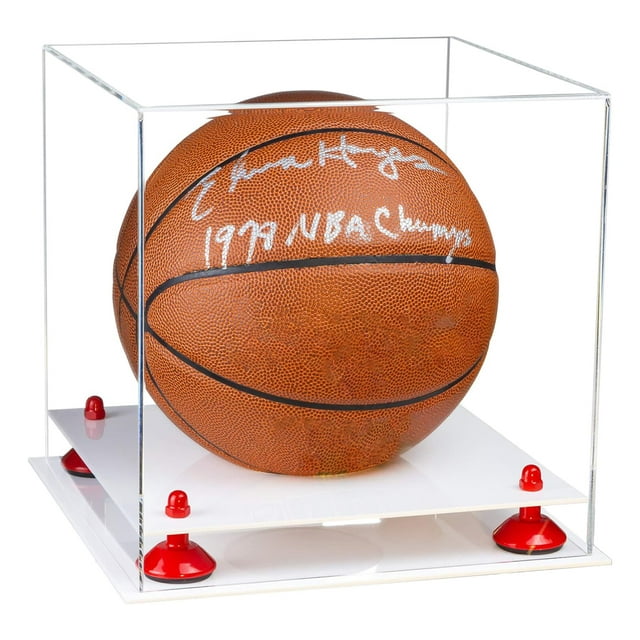 Better Display Cases Clear Acrylic Full Size Basketball Display Case with Red Risers and White Base (A001-RR)