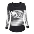 thumbnail image 3 of Camisas de maternidad para mujer, cuello redondo, manga larga, elásticas, a rayas, para lactancia materna rápida, color negro M, 3 of 12