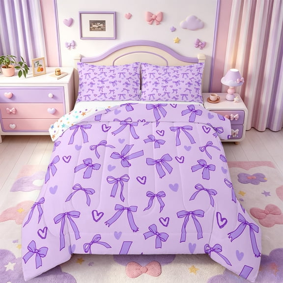 Manfei Kawaii Bow Knot Full Size Comforter Sets,Purple Dreamy Bowtie Bedding Comforter Set,Colorful Stars Reversible,3-Piece,1 Comforter and 2 Pillowcases
