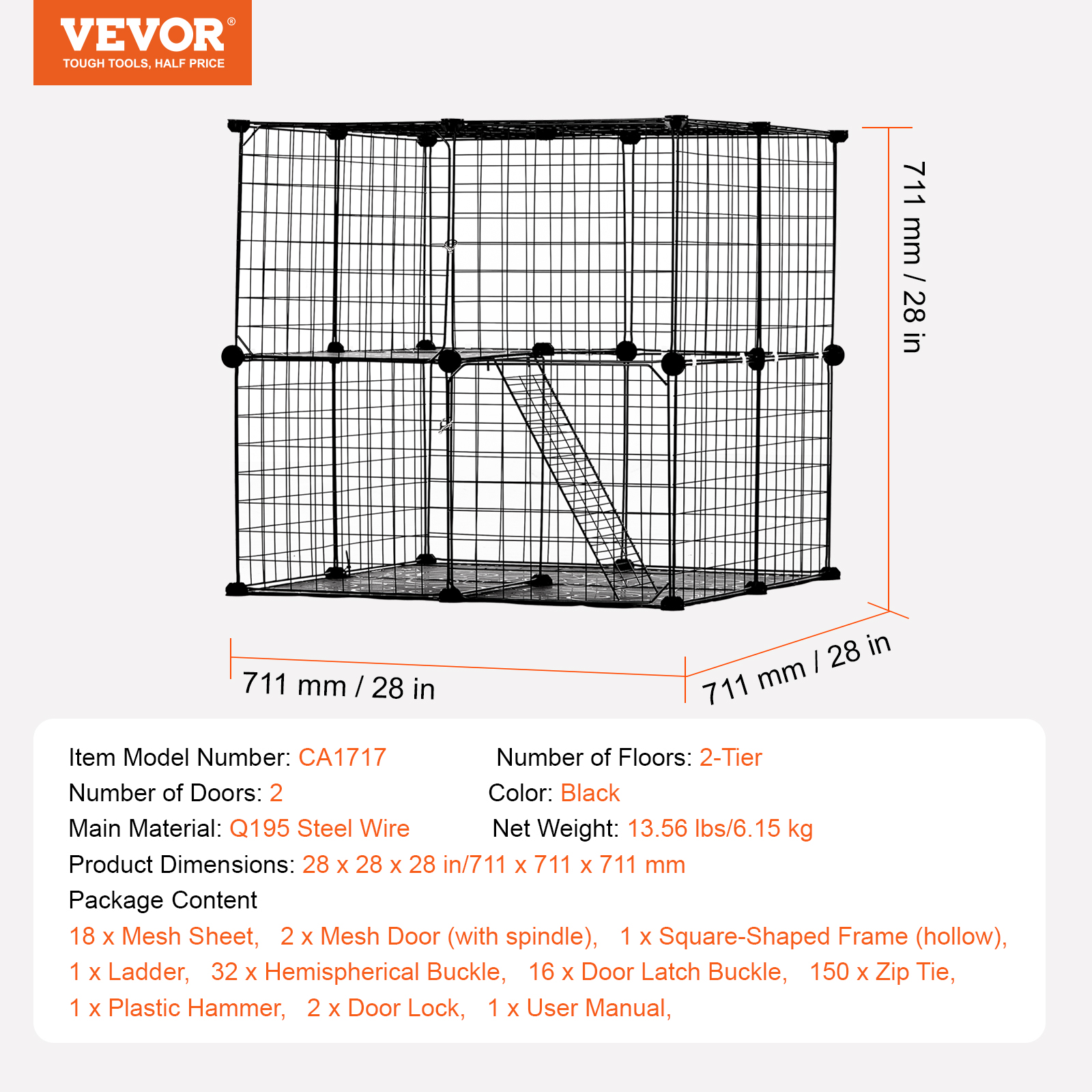 VEVOR Large 2-tier Cat Cage, 28 x 28 x 28", DIY Detachable Metal Wire Cat Enclosure, with Ramp Ladder Adjustable Resting Platform, Crate Large Indoor ＆ Outdoor Exercise Place for Small Animals, Black