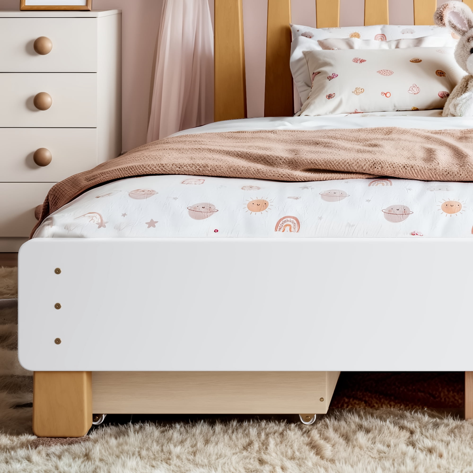 Mintazer Kids Full Size Platform Bed Frame with 2 Storage Drawers & Curved Round Headboard, No Box Spring Needed, Natural & Beige