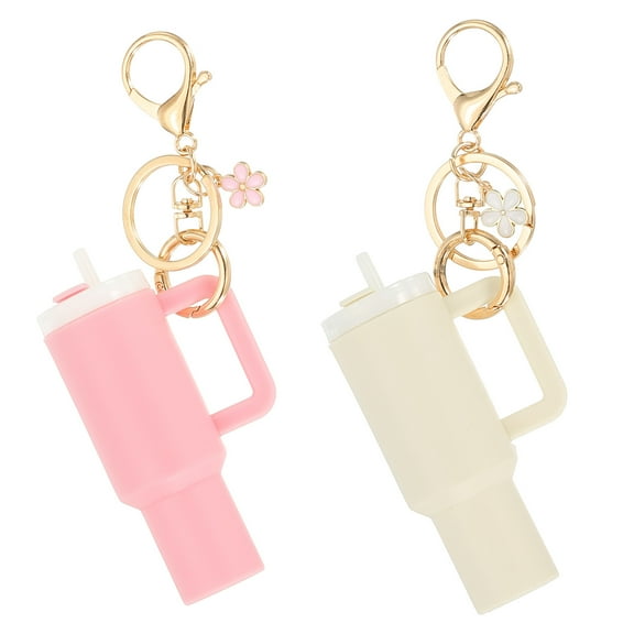 Uxcell Mini Cup Keychain, 2Pcs Mini Tumbler Keychain Lip Balm Holder Cute Cup Charm for Women Handbags Backpack, Pink, White Flower