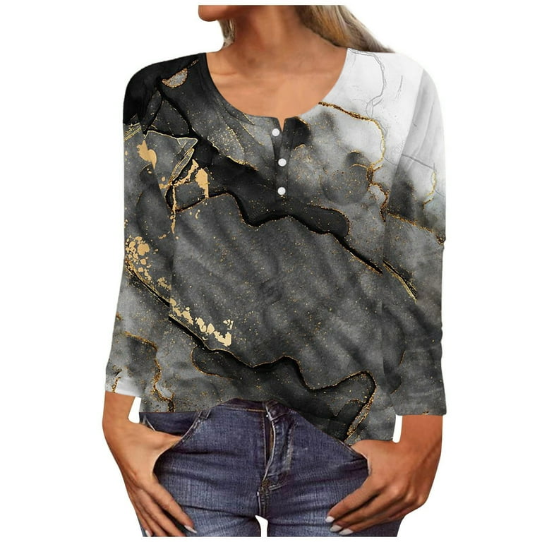 Olyvenn Fall Womens Blouse Floral Work Shirts Casual Slim Fit Flowy Dressy Pullover Blouse Long Sleeve Womens Tops Elegant Contrast Marble Print Tees