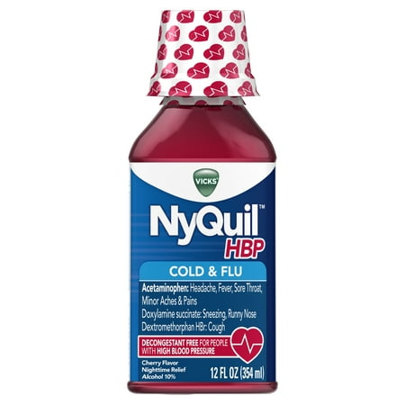 Vicks NyQuil, High Blood Pressure Cold & Flu Medicine, Relieves Headache, Fever, Sore Throat, Minor Aches & Pains, 12 Fl Oz, Cherry (Best Cold Medicine For Someone With High Blood Pressure)