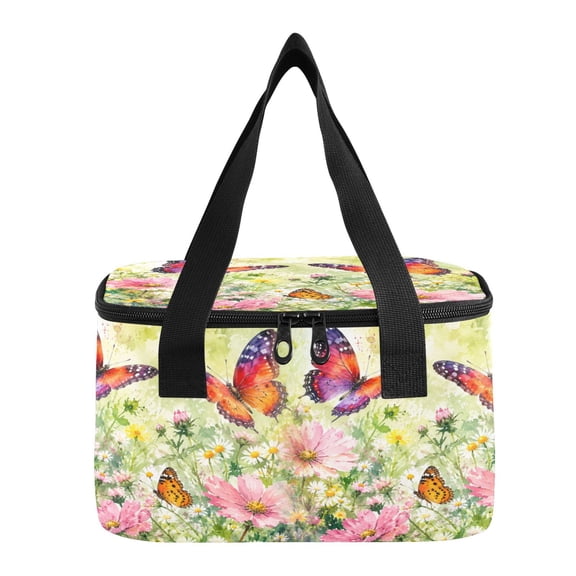 6L Insulated Lunch Bag Square Handheld Cooler Tote Spring Garden Butterfly Art Reusable Thermal Bag with Polyester & Aluminum Lining for Work Picnic Travel