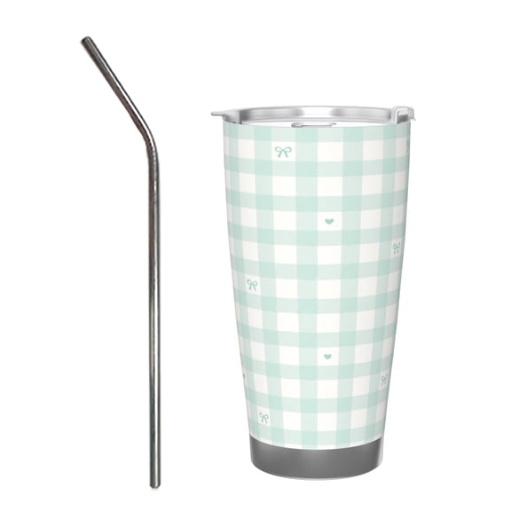 Mint Green Gingham Bow 20oz Car Tumbler Insulated Travel Cup with Straw Stainless Steel Vacuum Coffee Cup Cute Checkered Gift for Her with Stainless Steel Straw