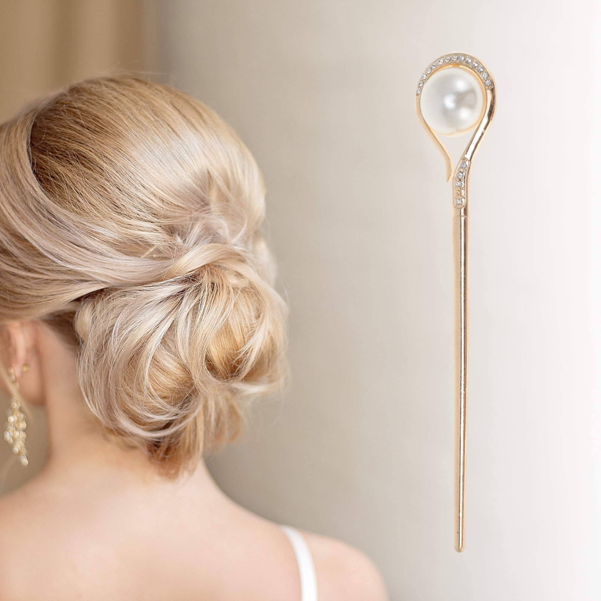 Unique Bargains Faux Pearl Rhinestone Hair Chopstick for Women Light Gold Tone 1 Pc