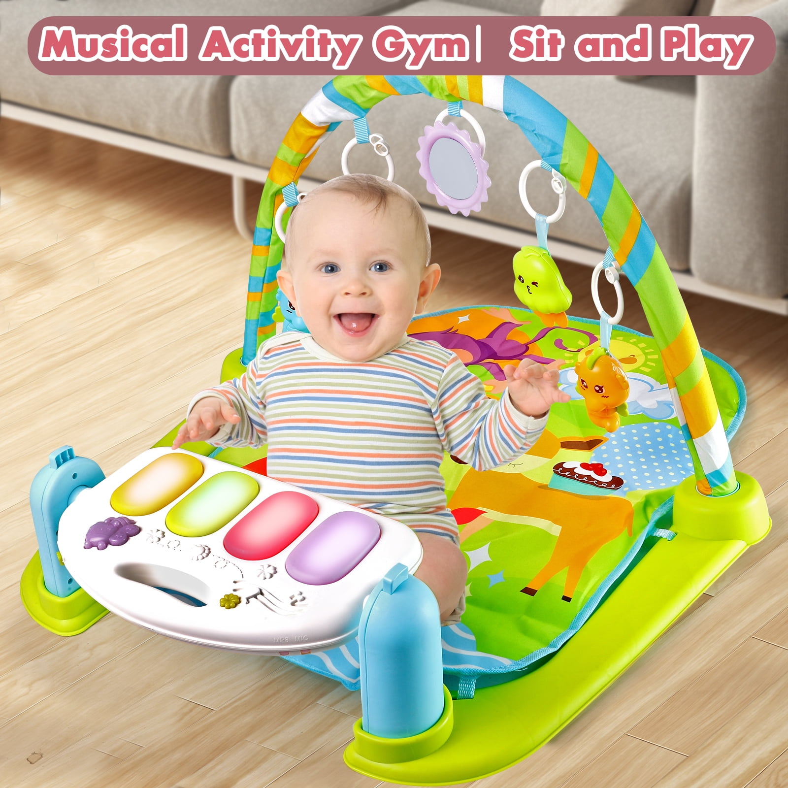 Baby Play Mat Baby Gym Funny Play Piano Tummy Time Baby Activity Gym Mat with 5 Infant Learning Sensory Baby Toys, Music and Lights Boy & Girl Gifts for Newborn Baby 0 to 3 6 9 12 Months