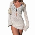 thumbnail image 3 of Robe de Plage Mini au Crochet à Manches Longues pour Femme, Cache-Maillot, Blanche, m, 3 of 9