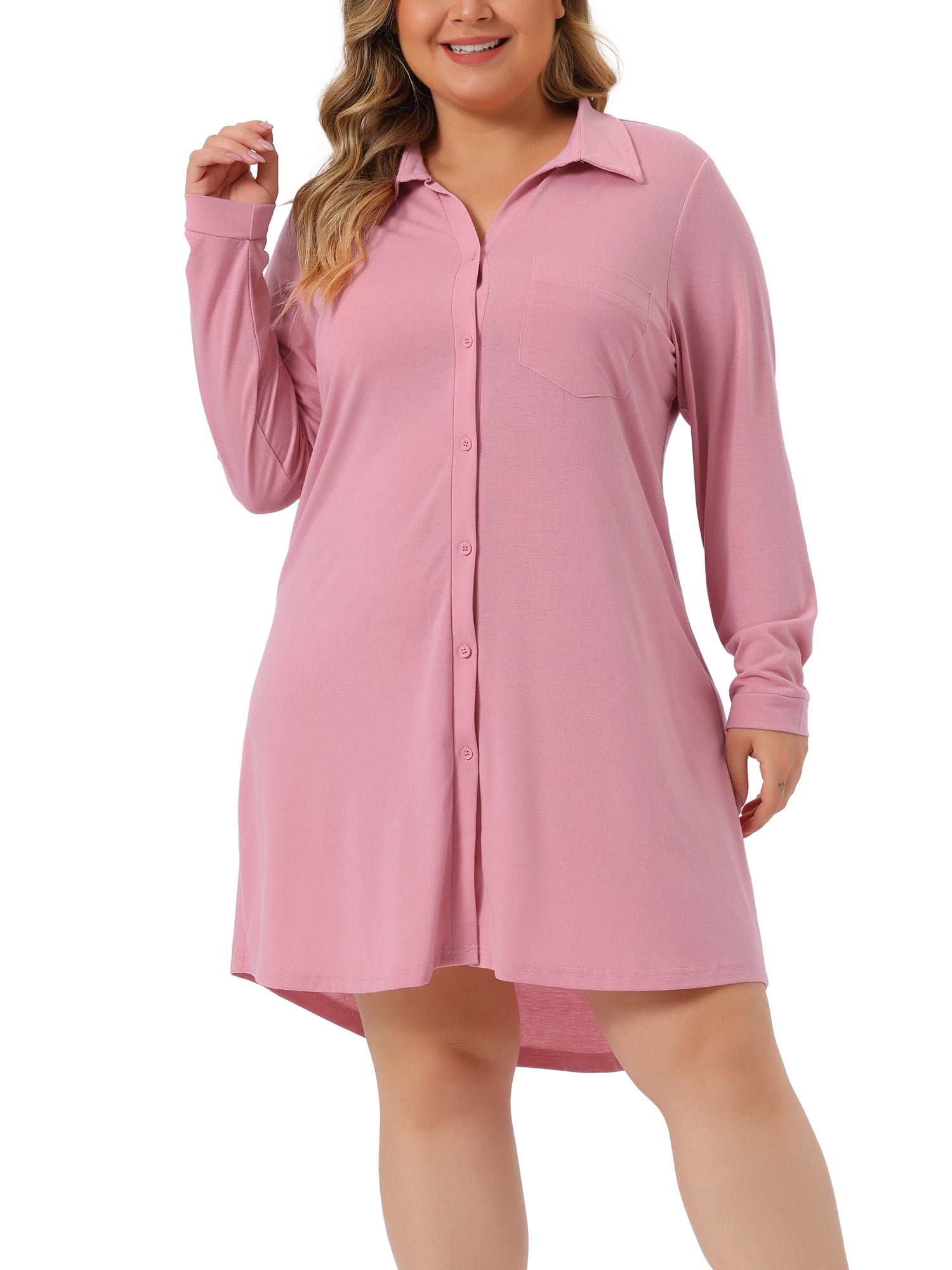 Unique Bargains Women's Plus Size Button Down Pajama Dress Sleepwear Nightshirt 4X Pink