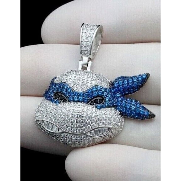 Shree Jewels Ninja Turtle Pendant Blue Diamond Necklace Pendant, 3 ct t.w. in 14K White Gold, 24”