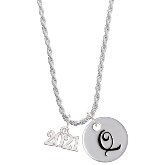 Delight Jewelry Silvertone Horizontal Year 2021 Silvertone Script Initial Disc - Q - Charm Necklace, 20"+3"