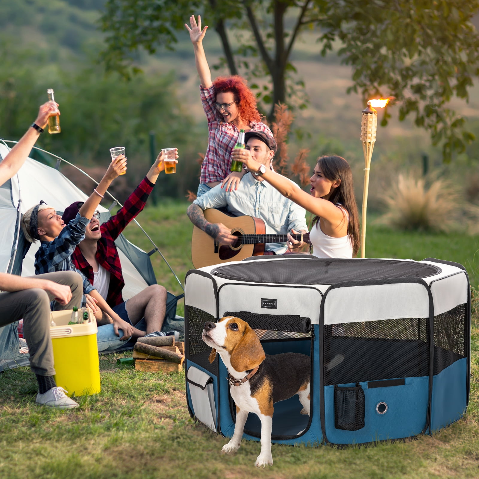 PETSFIT Portable Dog Playpen,36" Dog Play Pen Indoors with Removable Waterproof Mat & Zippered Roof | RV, Camping, Travel Dog Pen | Whelping & Cat Observation Space,Blue