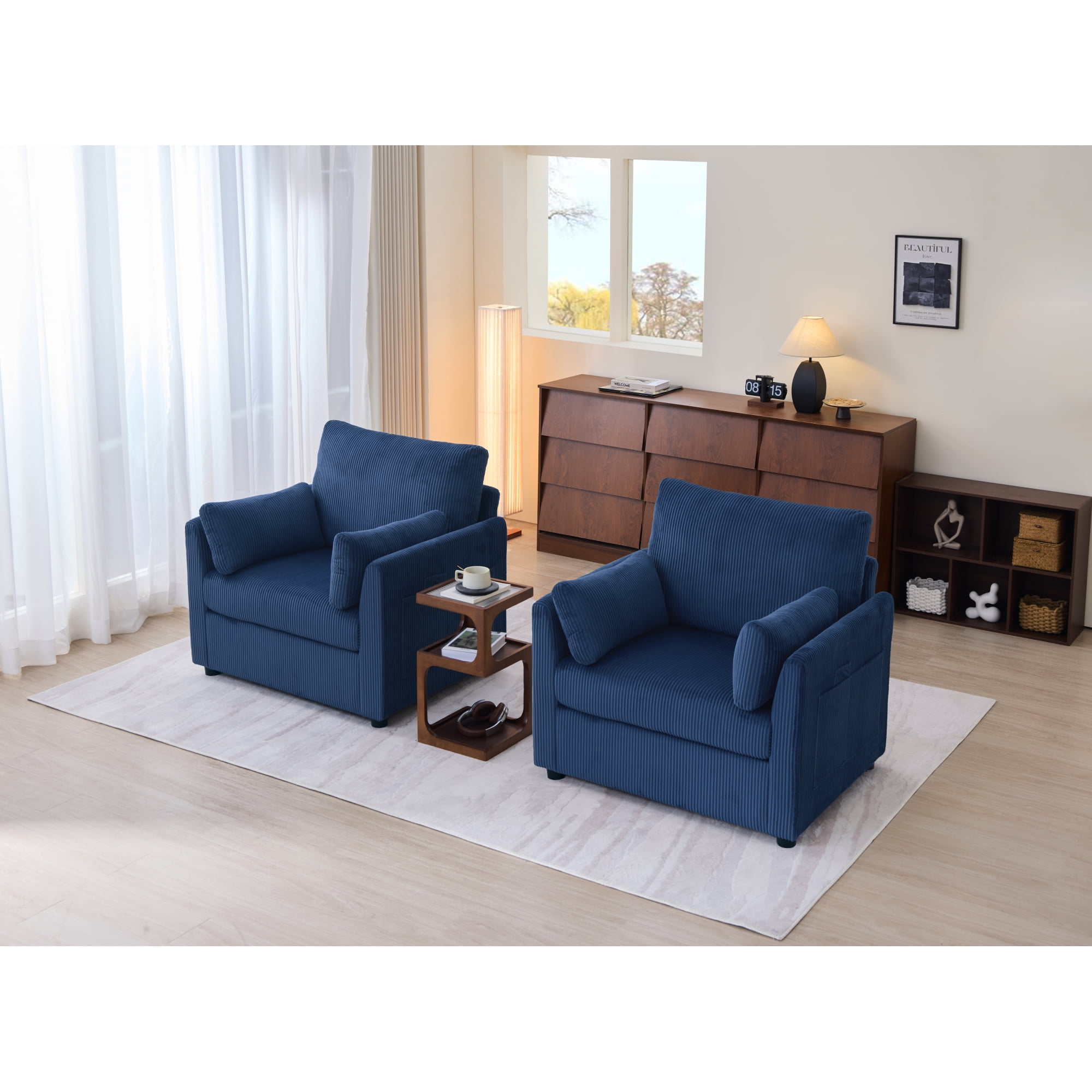 Leumius Corduroy Accent Chair, Modern Upholstered Single Sofa Armchair with 2 Pillows and Side Storage Pockets,Comfy Oversized Reading Chair for Living Room, Bedroom, Apartment,Gray