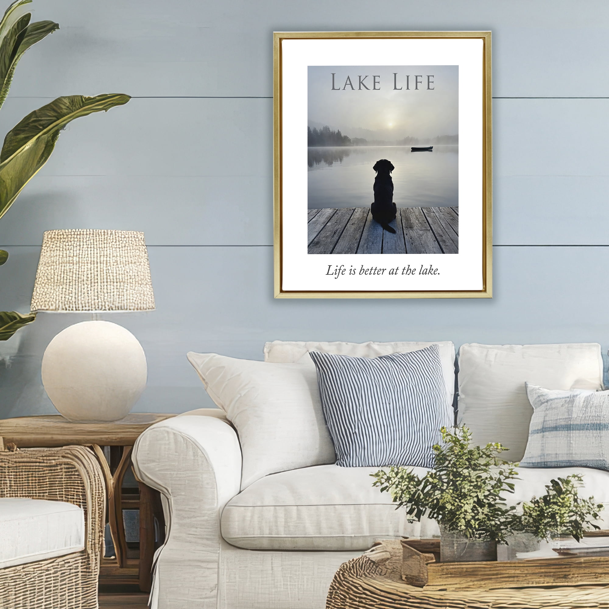 Stupell Industries Lake Life with Dog Gold Framed Floater Canvas Wall Art, design by A Barefoot Stylist