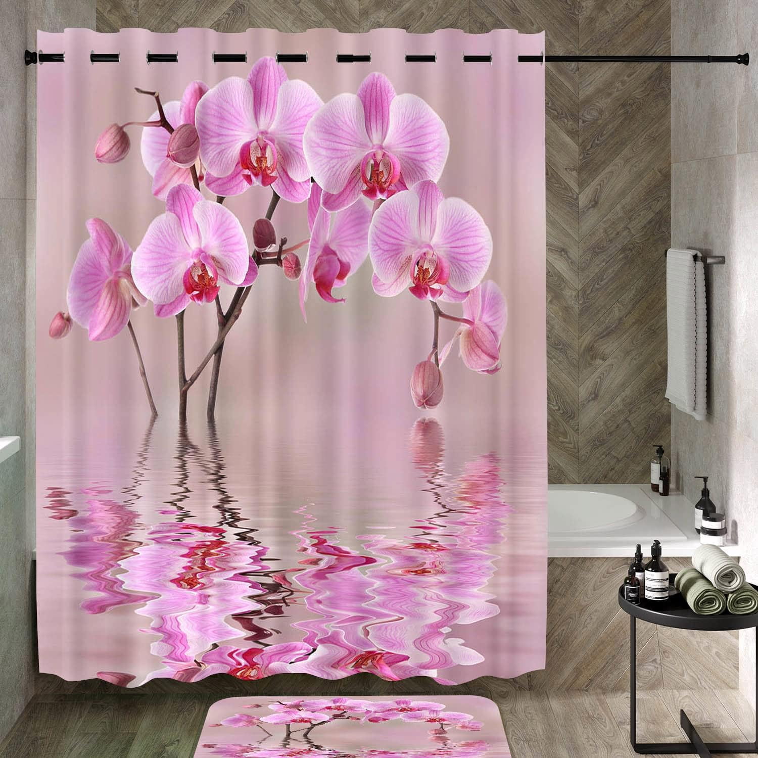 Bathroom Sets with Shower Curtain and Rugs, Toilet Lid Cover, Bath Mat, 4PCS Purple Rose Butterfly Shower Curtains for Bathroom, Romantic Flower Shower Curtains Set for Bathroom Decor