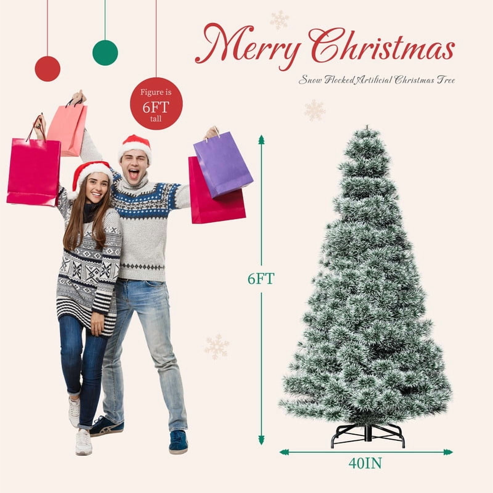 Gianna 6ft Pre-lit Snow Flocked Artificial Christmas Tree, Prelighted Artificial Hinged Spruce Xmas Tree with 700 Branch Tips, 250 Incandescent Lights & Foldable Base for Home