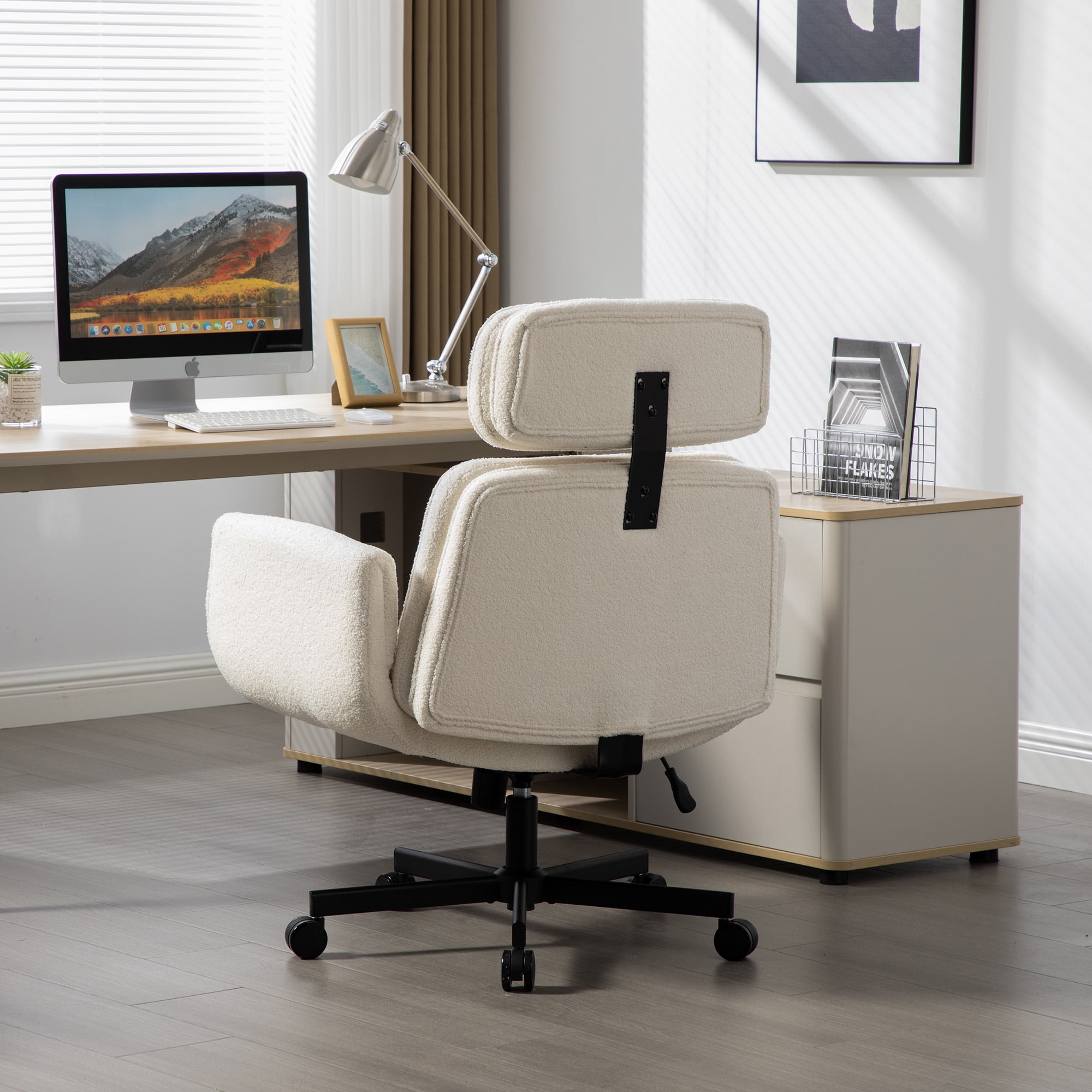Office Chair, Desk Chair, Task Chair&nbsp;with Adjustable Armrests, Sherpa Fabric Criss Cross Chair with Wide Seat and Headrest for Home Office, Gaming, Makeup, Ivory