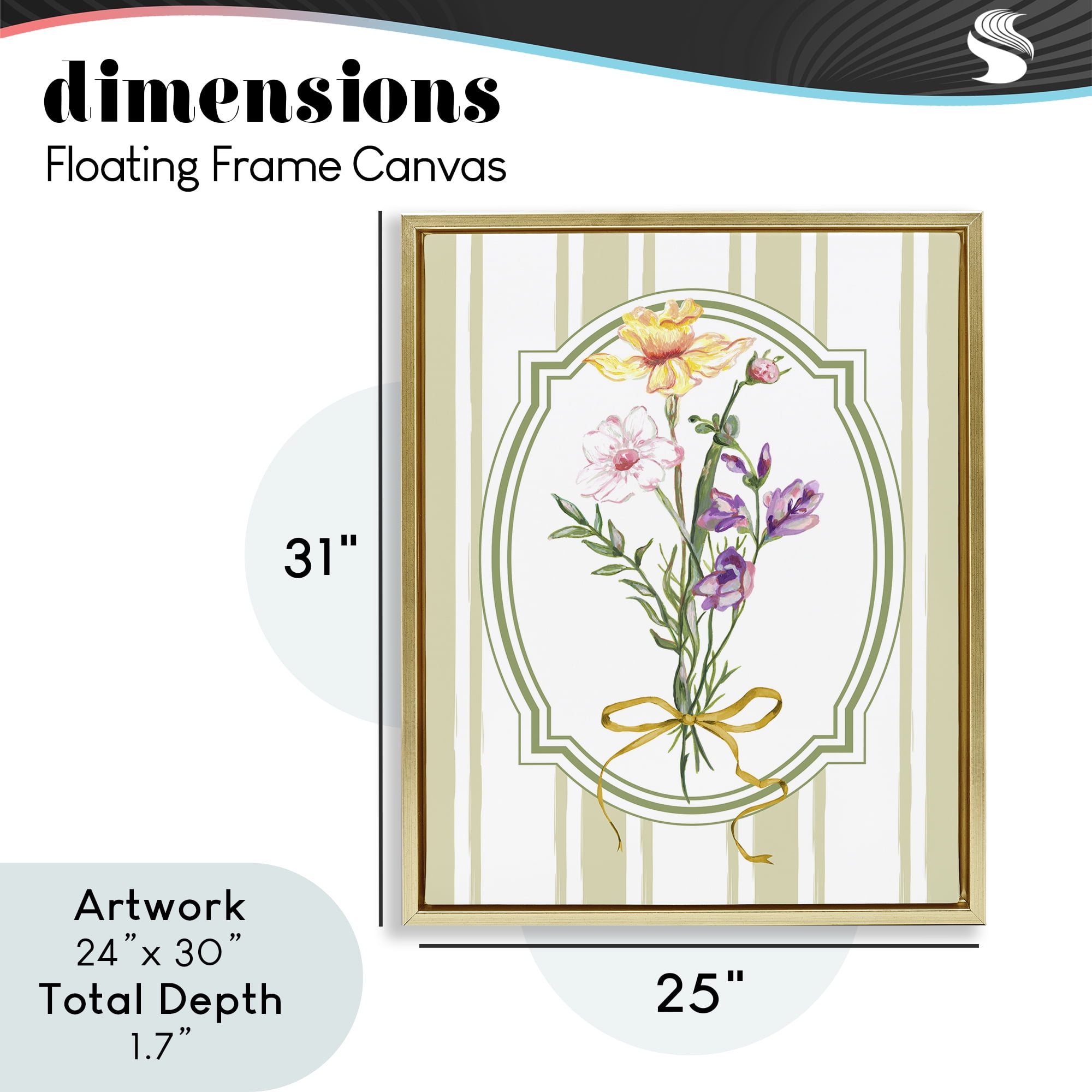 Vintage Wildflowers with Ribbon Gold Framed Floater Canvas Wall Art, design by Adonna Ebrahimi