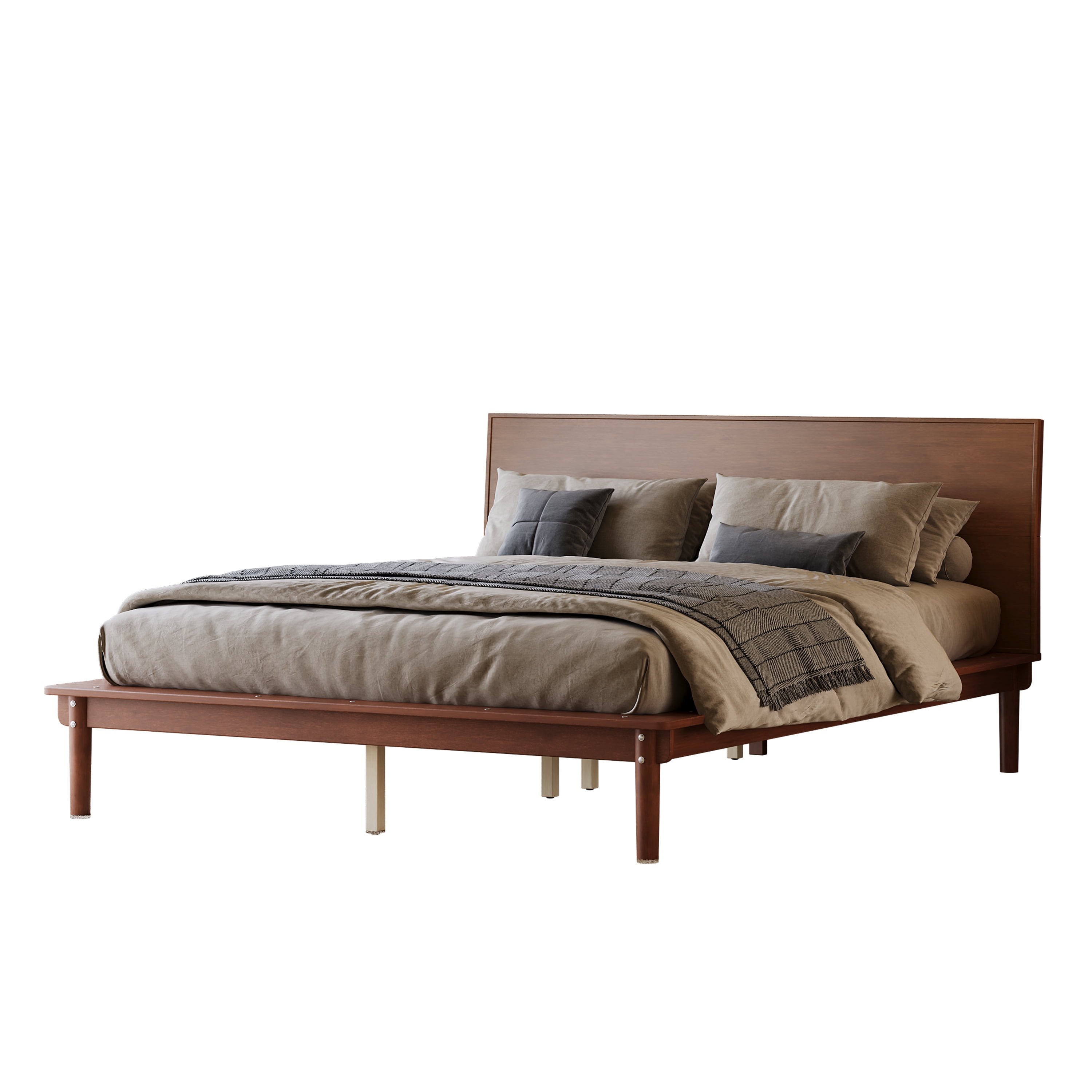 Euroco Wood Mid-Century Queen Bed, Low Profile Platform Bed Frame with Subtly Angled Headboard, Widened Side Rails, No Box Spring Needed, Walnut