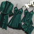 thumbnail image 4 of DuoJiaJ Women Satin Lace Suspenders Nightgown Robe Pajama Pants Home Clothes With Chest Pad Light Four Piece Set Plus Size Pajamas Women Dark Green, 4 of 4