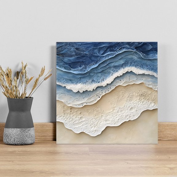 Blue Beach Coastal Wall Art Painting on Canvas, Nautical Seaside Ocean Beige Canvas Art Home Prints Wall Art Framed Modern Artwork for Living Room Bedroom Wall Decor 12x12in