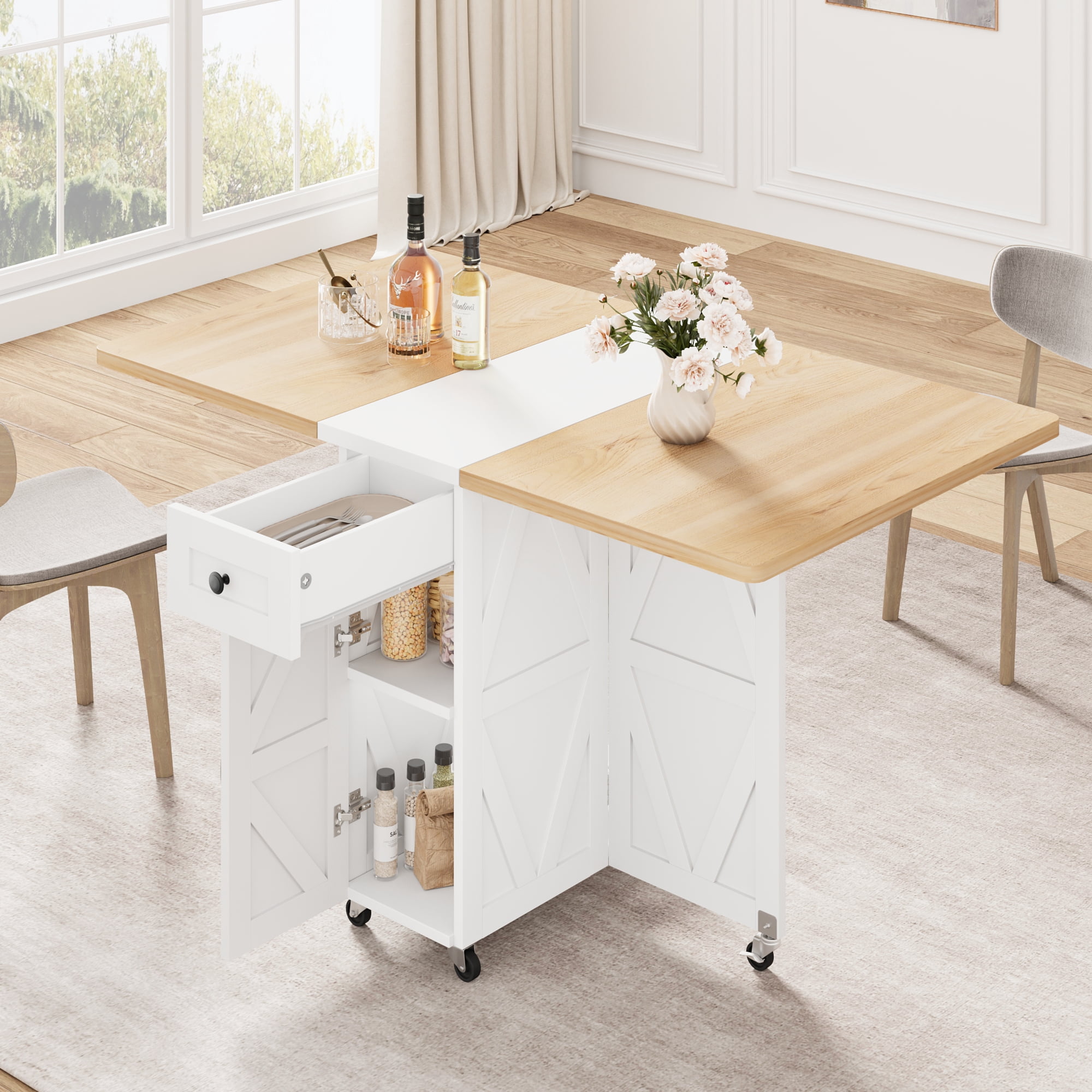 Hijob Space Saving Versatile Folding Kitchen Dining Table with Wheels & Storage Shelf for Small Apartment