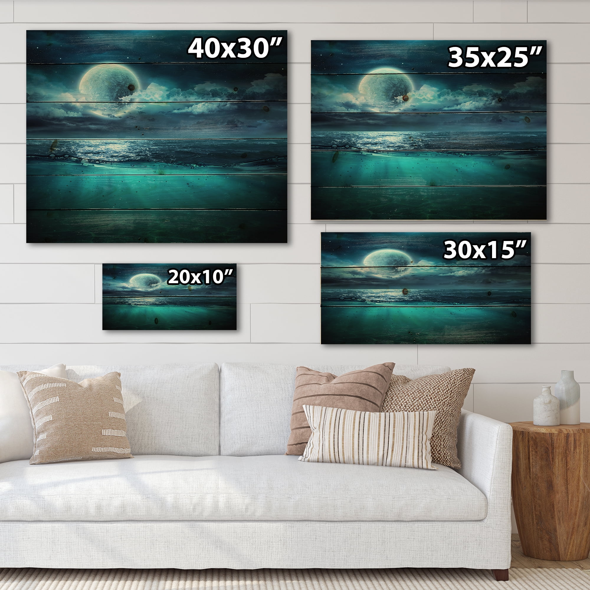 Designart 'Romantic Moon and Clouds Over Deep Blue Sea II' Nautical & Coastal Print on Natural Pine Wood