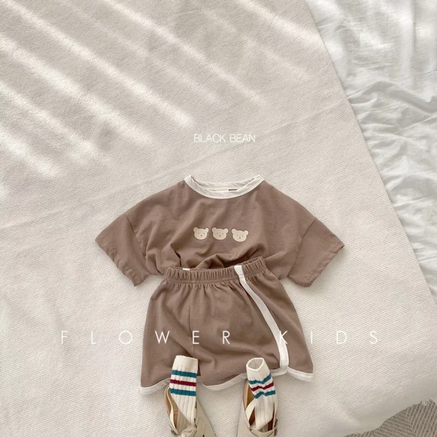 Camiseta con estampado de oso pequeño para niños y niñas, pantalones cortos de algodón, jersey de cuello redondo, ropa de manga corta para el hogar, trajes de 2 piezas