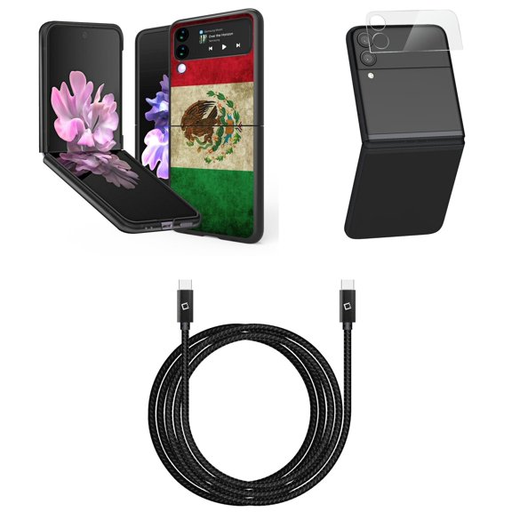 Bemz Premium Bundle for Samsung Galaxy Z Flip 3 5G: Slim Snap-On Protector Case (Vintage Mexico Flag), Rear Camera Glass Protector, Nylon Braided USB-C to USB-C Cable (4 Feet)