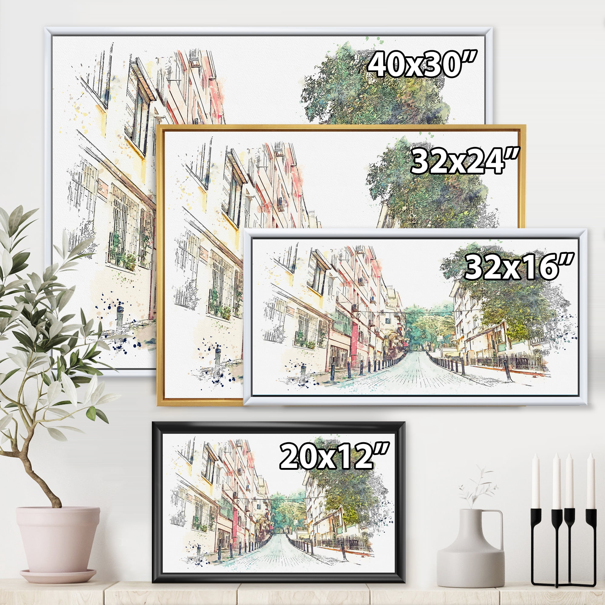 Traditional Street In City Istanbul 32 in x 24 in Framed Painting Canvas Art Print, by Designart