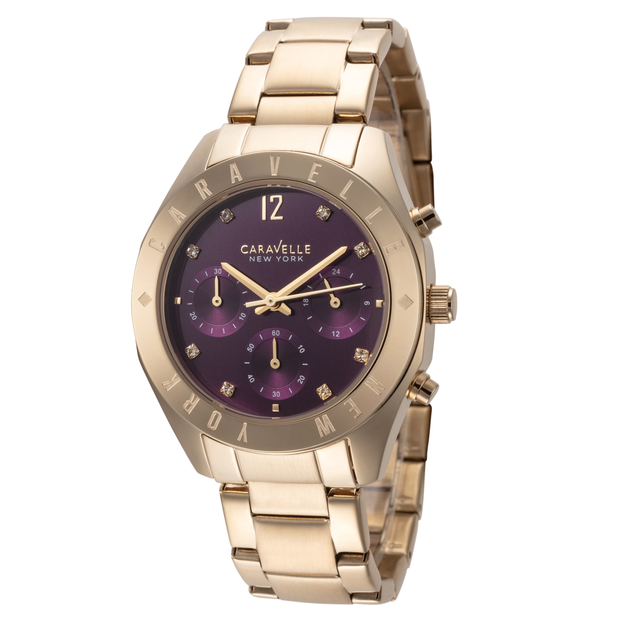 Caravelle Women's Chronograph Stainless Steel Case and Bracelet Purple Dial Gold Watch - 44L193