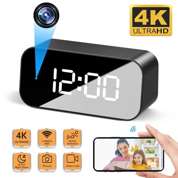 Clock Camera – Indoor Security Camera with 4K/1080P HD Video IR Night Vision WiFi Setup Motion Detection Audio Monitoring – Home & Office Security Monitoring