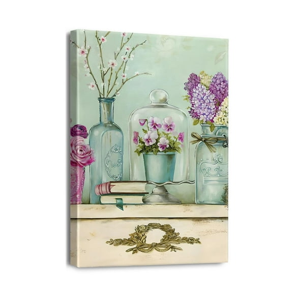 Homey Art Mural de Salle de Bain Style Ferme 12x16 Pouces, Images Florales avec Vase Porte-Serviette de Bain, Charmantes Impressions sur Toile pour Déco