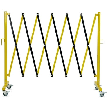 11.8 FT Industrial Expandable Metal Barricade, Portable Safety Barrier with a Warning Board and Casters, Retractable Traffic Fence Mobile Safety Barrier Folding Security Gate