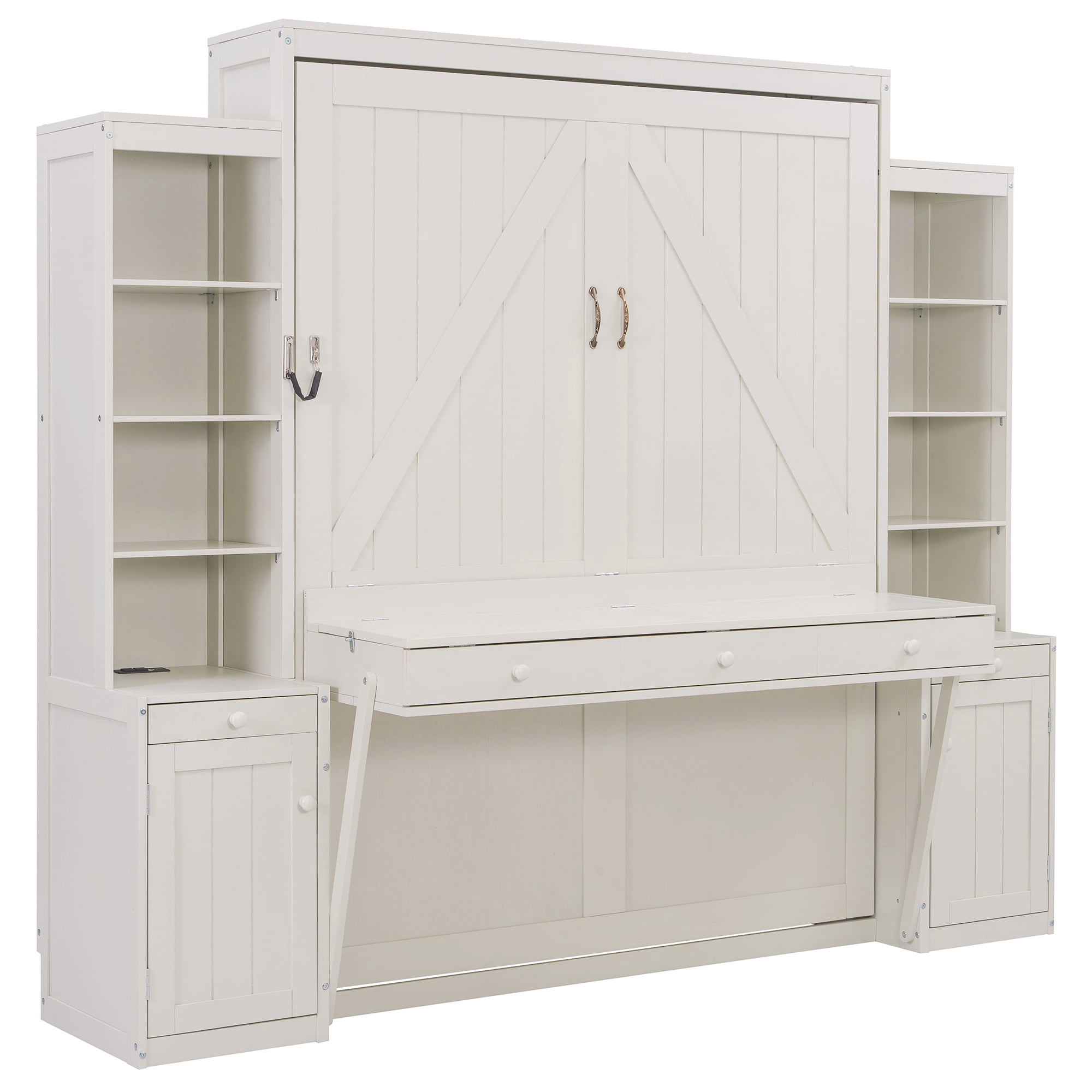 Mintazer Queen Murphy Bed with Desk, Charge Station, Drawers and Storage Shelves, Convertible Wood Wall Platform Bed with Cabinets for Bedroom, White