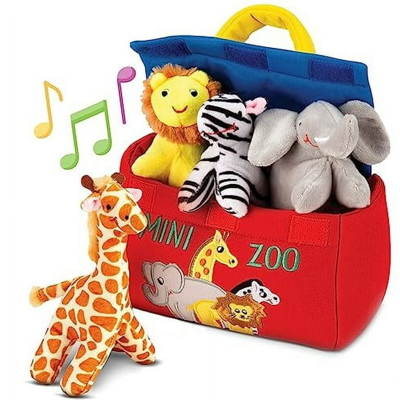 Bundaloo Plush Mini Zoo Playset - Giraffe, Elephant, Lion, Zebra - Interactive Animals, Carrier with Velcro Closure, Natural Sound Effects for Babies and Toddlers