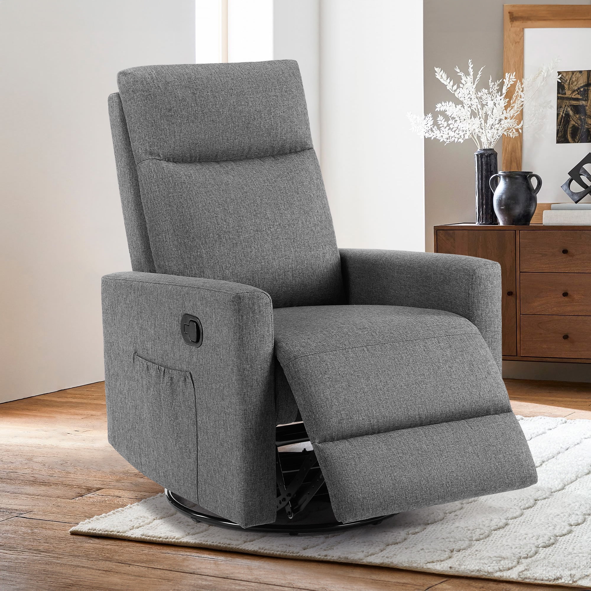 GIANNA Comfortable Swivel Recliner Chair with Extra Large Footrest & High Back – Upholstered Nursery Rocker for Living Room, Deep Seat Glider Recliner, Grey